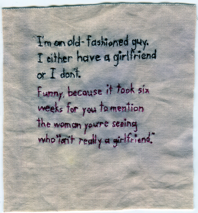 "Girlfriend." 2012. Embroidery on fabric dyed with purple onion skin. 4.5" x 4"