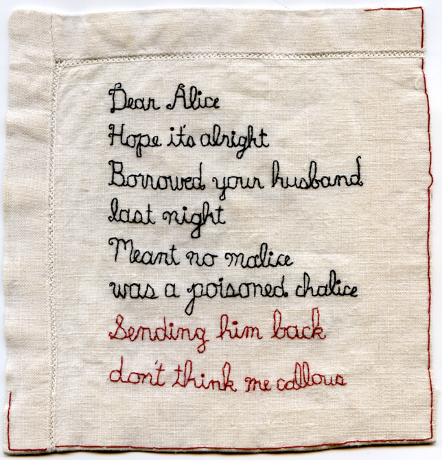 "Dear Alice." 2013. Embroidery on antique fabric. Text by Elizabeth Rose Daly (Liz Daly). 6.5" x 6".