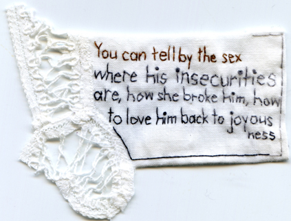 "Joyousness." Embroidery on fabric. 2013. Text by @EmbroideryPoems