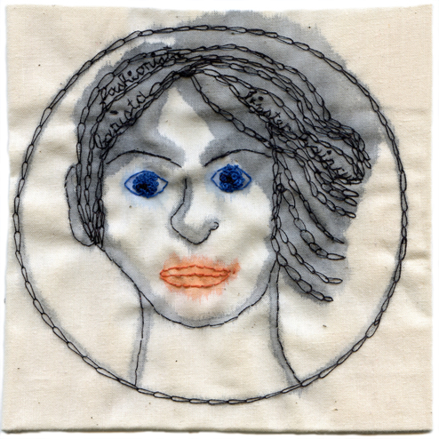 "Hipster Barrista." 2013. Embroidery and watercolor on fabric. 4.75" x 4.5" $400