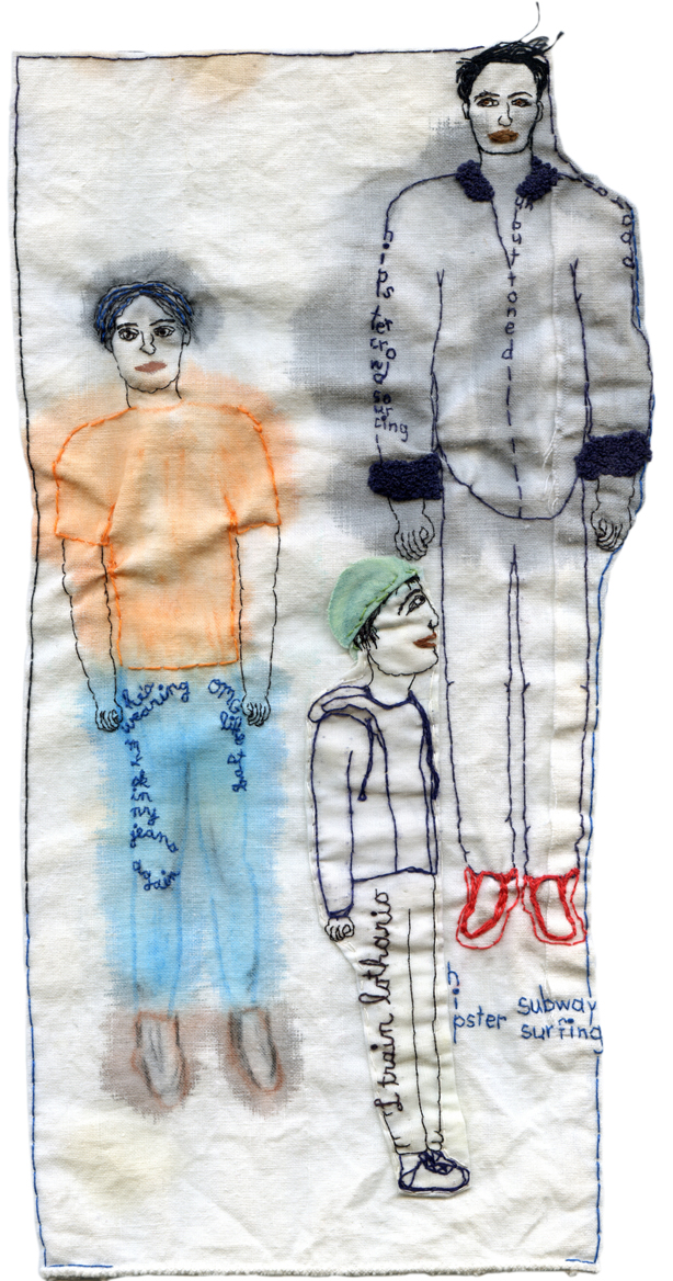 "Hipster Crowdsourcing." 2013. Embroidery, watercolor and applique. 11.25" x 6.75".