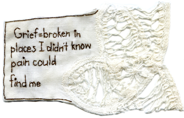 "Grief." 2013. Embroidery on antique lace. 2.5" x 3.75". 