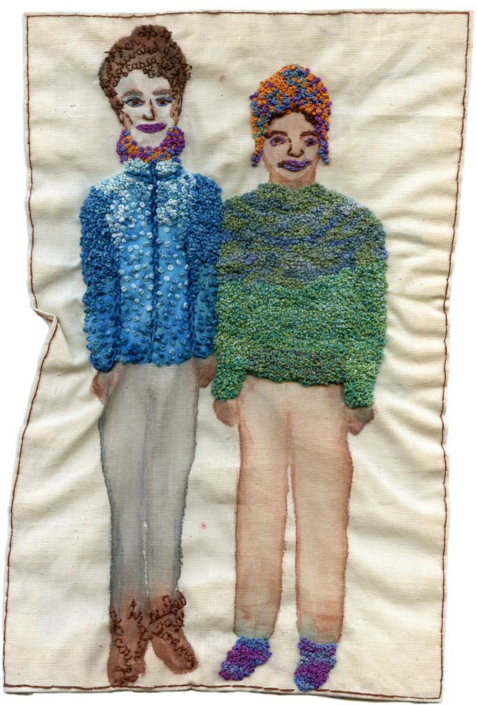 "F Train Couple, New Year's Day 2014." 2014. Watercolor and embroidery on fabric. 10.5" x 6.5".