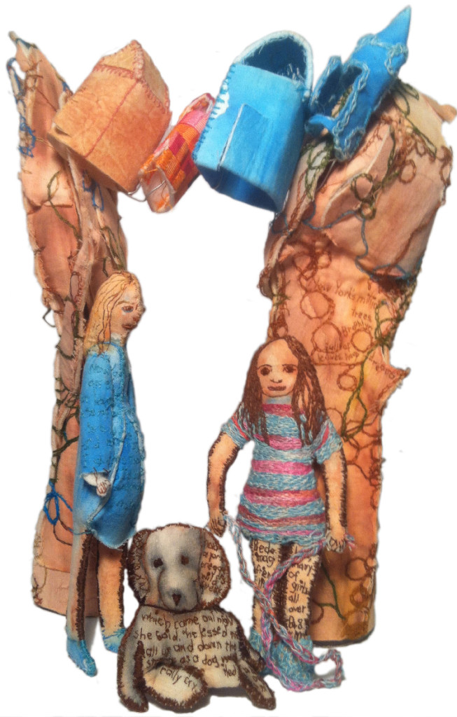 "Tree House Canopy, Brooklyn Family." With two of New York City's Million Trees; my pregnant alter ego; Bedekah, imaginary friend of little girls all over Brooklyn; and my imaginary dog. 2014. Paint on fabric with stiffener, stuffing, stitching and embroidery. Dimensions variable.