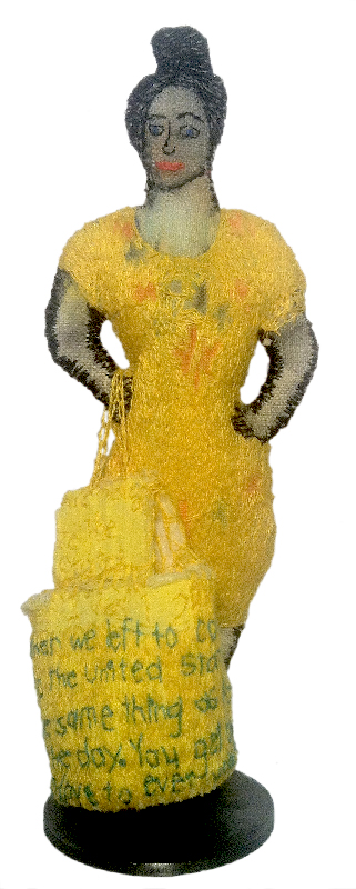 "Birth Country." 2014. Sculpture with paint, embroidery, stiffening stuffing into/on fabric. 7" x 3" x 2". "When we left to come to the United States, it was almost like how they did it back in the day. You get on a boat and say goodbye to everyone forever."