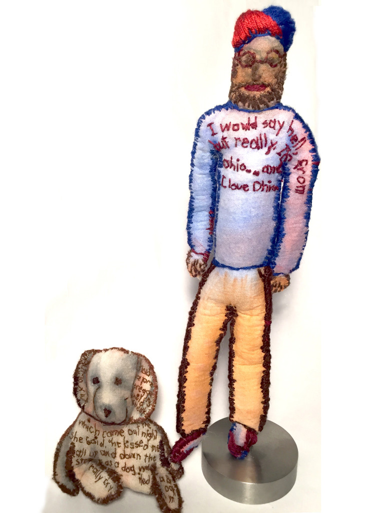 Ohioan Becomes Brooklyn Dog Walker. 2014-15. Watercolor on fabric with stiffener, stuffing, embroidery. 8.75â€ x 5.5â€ x 2â€.