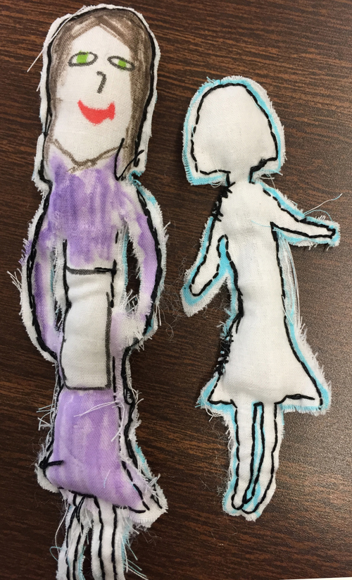 2nd graders in another after school program interviewed relatives who had immigrated to the US, and made these hand drawn and stitched dolls of them.