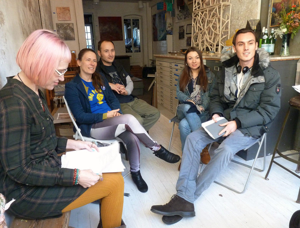 Guests enjoying each others' words at Embroidered Poetry and Storytelling Circle, the finale of Native/Immigrant City at Brooklyn Workshop Gallery/ Workshop Gallery Artists Foundation. 