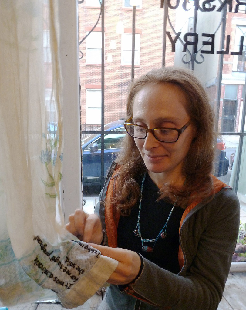 As poets and storytellers performed, I stitched their select words on fabric, later cutting out separate embroideries and giving them to performers.