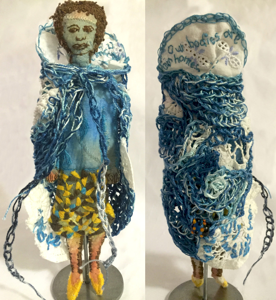 Our Bodies Are Our Homes. 2015â€“16. Hand formed glass bead, paint on fabric with stiffener, stuffing, embroidery. 8"x3"x2.25".