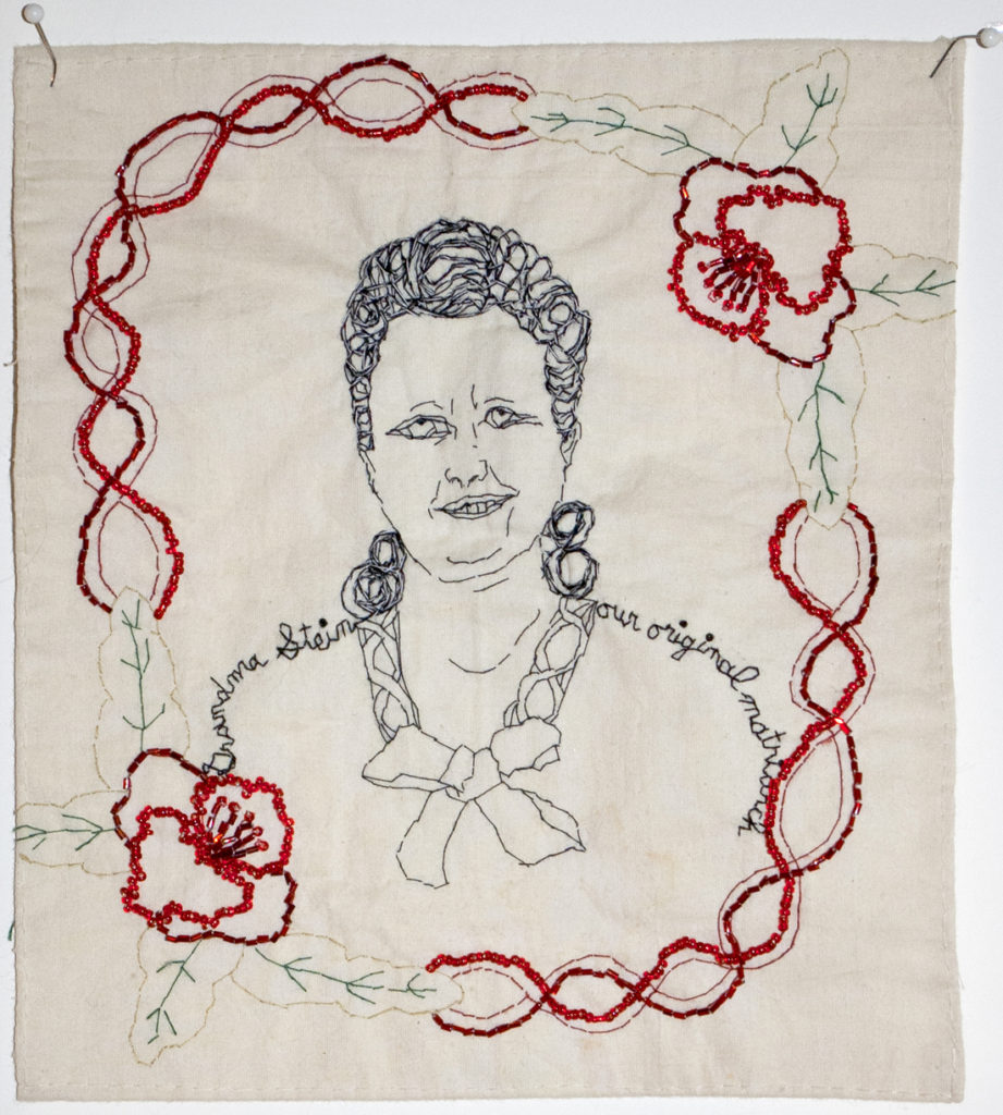 Grandma Stein, the original matriarch (or self portrait as the original matriarch). 2016. Embroidery and beading on fabric. Flower motif is from Grandma's antique linen tablecloth.  9"x8".