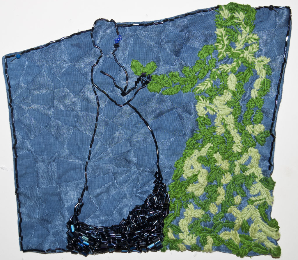 2016. Indigo dyed fabric, beading, embroidery. 9.25 x 9.5 x 1"