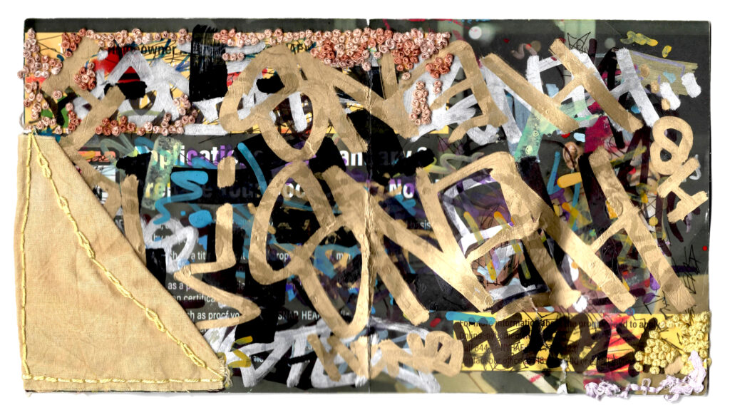 Graffiti on black paper background with gold letters, white letters, embroidery in gold and rose. Yellow fabric triangle bottom left corner.
